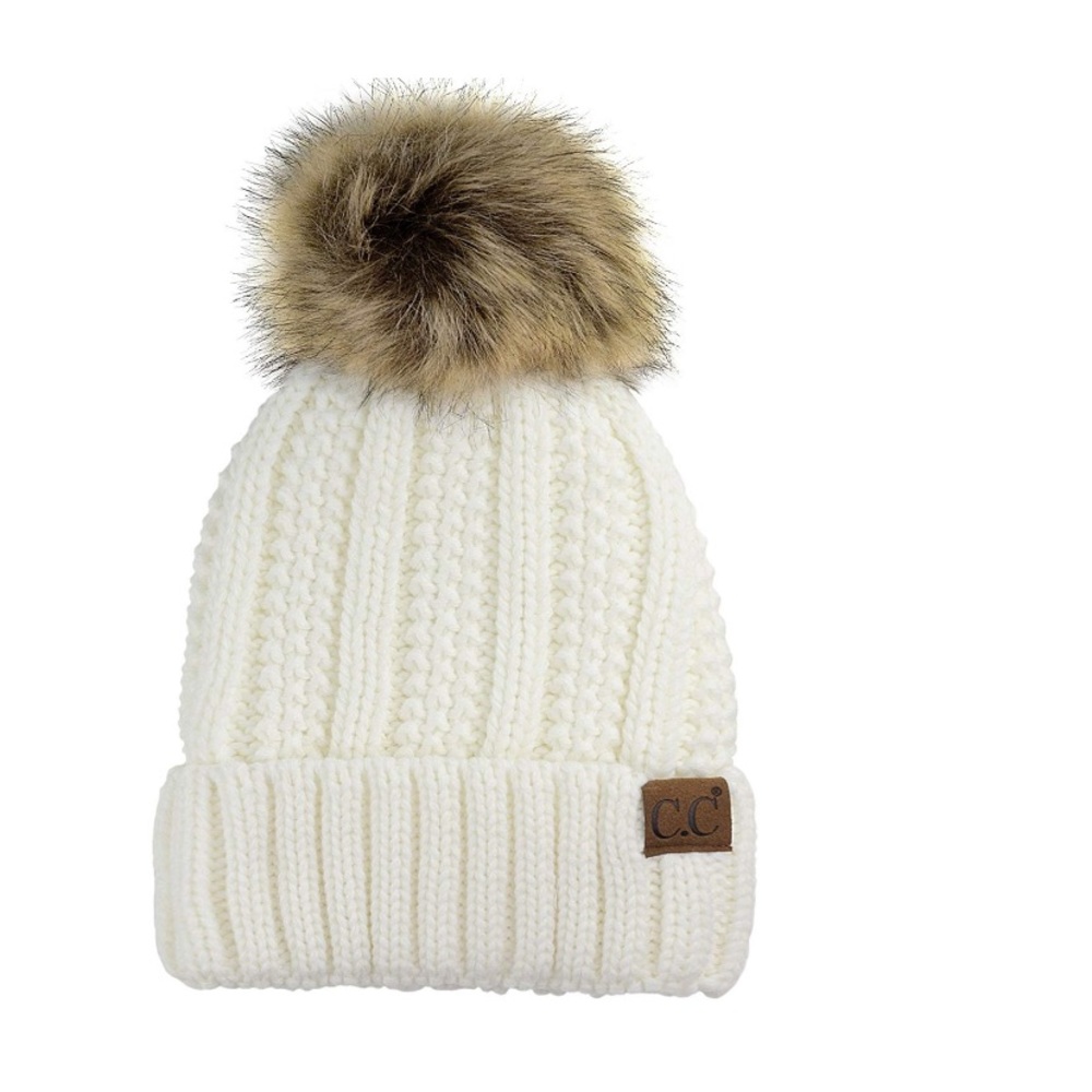 C.C Thick Fuzzy Beanies lining faux fur Pom Pom ivory